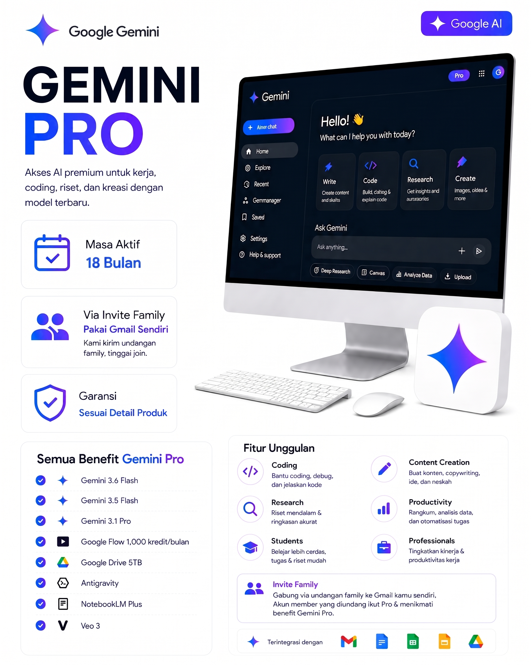 Google AI Pro 18 Bulan - Invite Family + Flow 1.000 Kredit