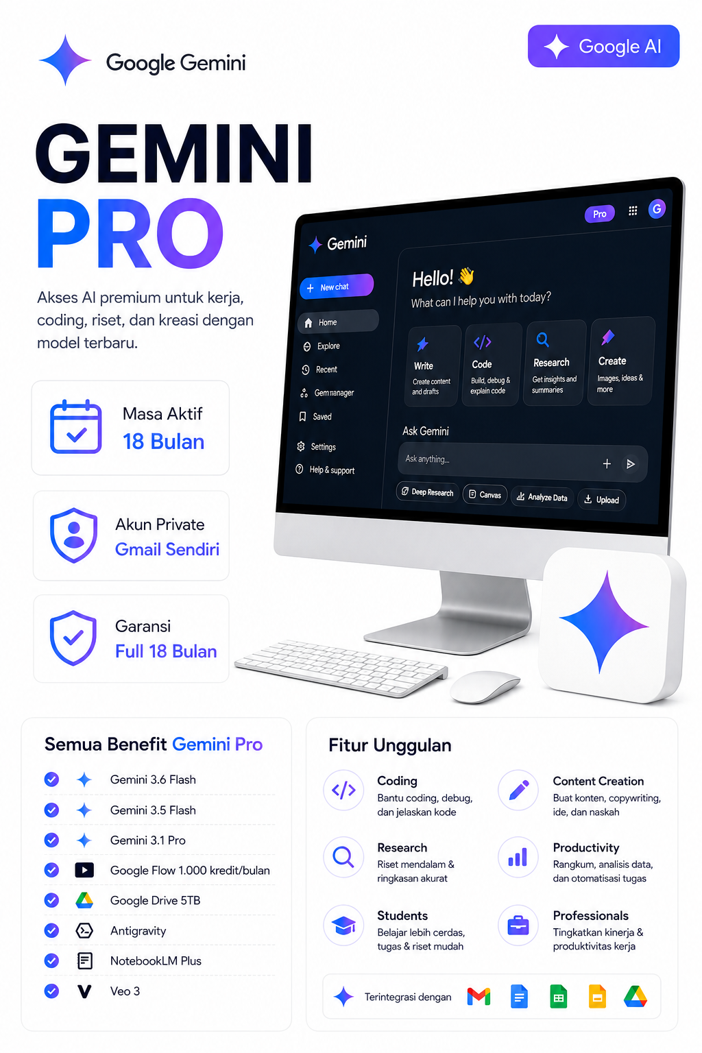 Gemini Pro 18 Bulan - Head Account / Akun Utama + Total 5.000 Kredit Flow - Aktivasi Link Klaim