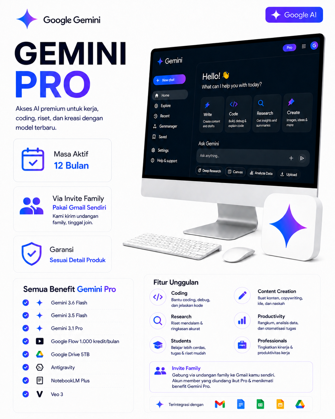 Google AI Pro 12 Bulan - Invite Family + Flow 1.000 Kredit